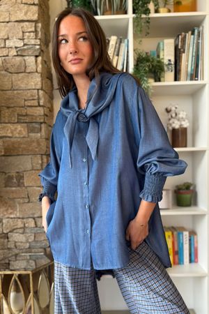 Perfect Chambray Denim Neckerchief Blouse Dark